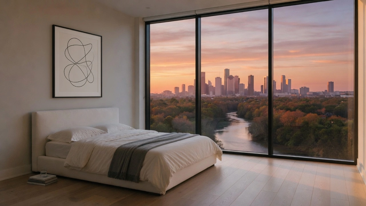 Bedroom at Riverline at golden hour