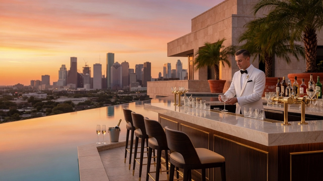 Rooftop pool bar at sunset