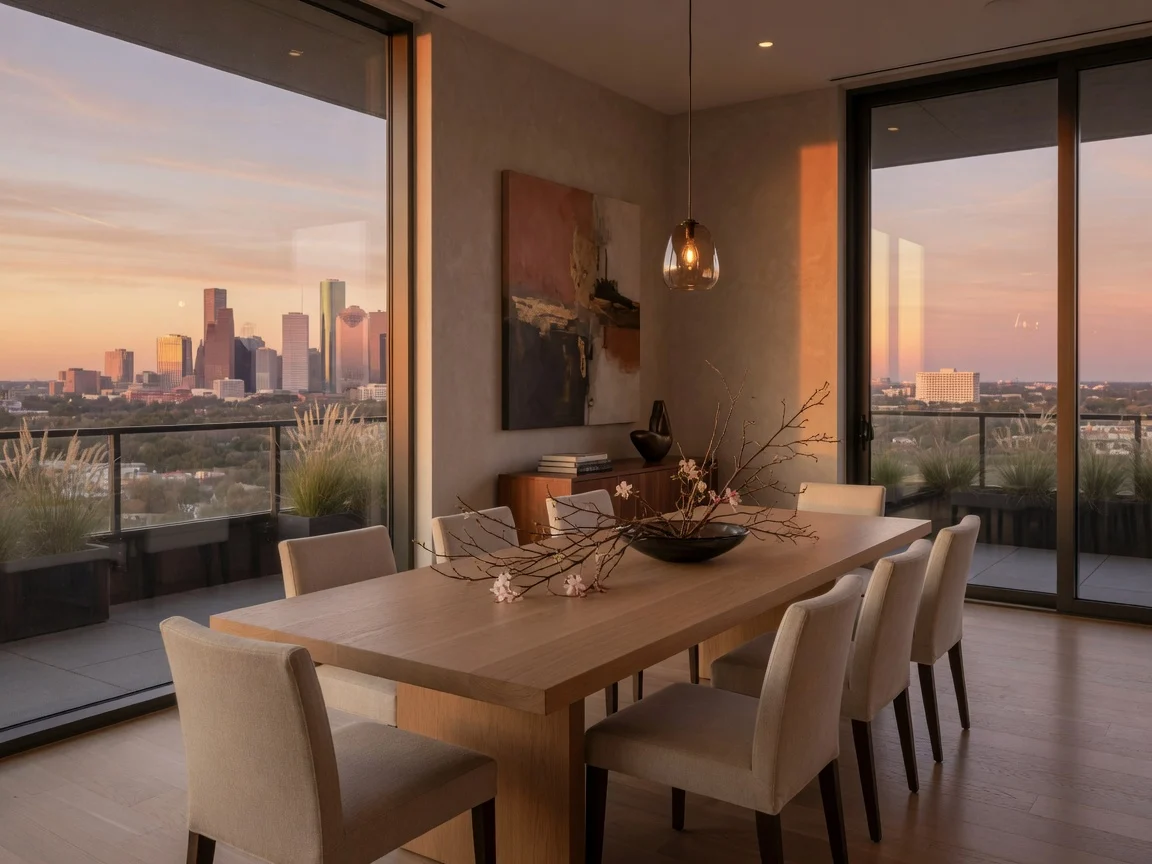 Dining room looking over Houston at sunset