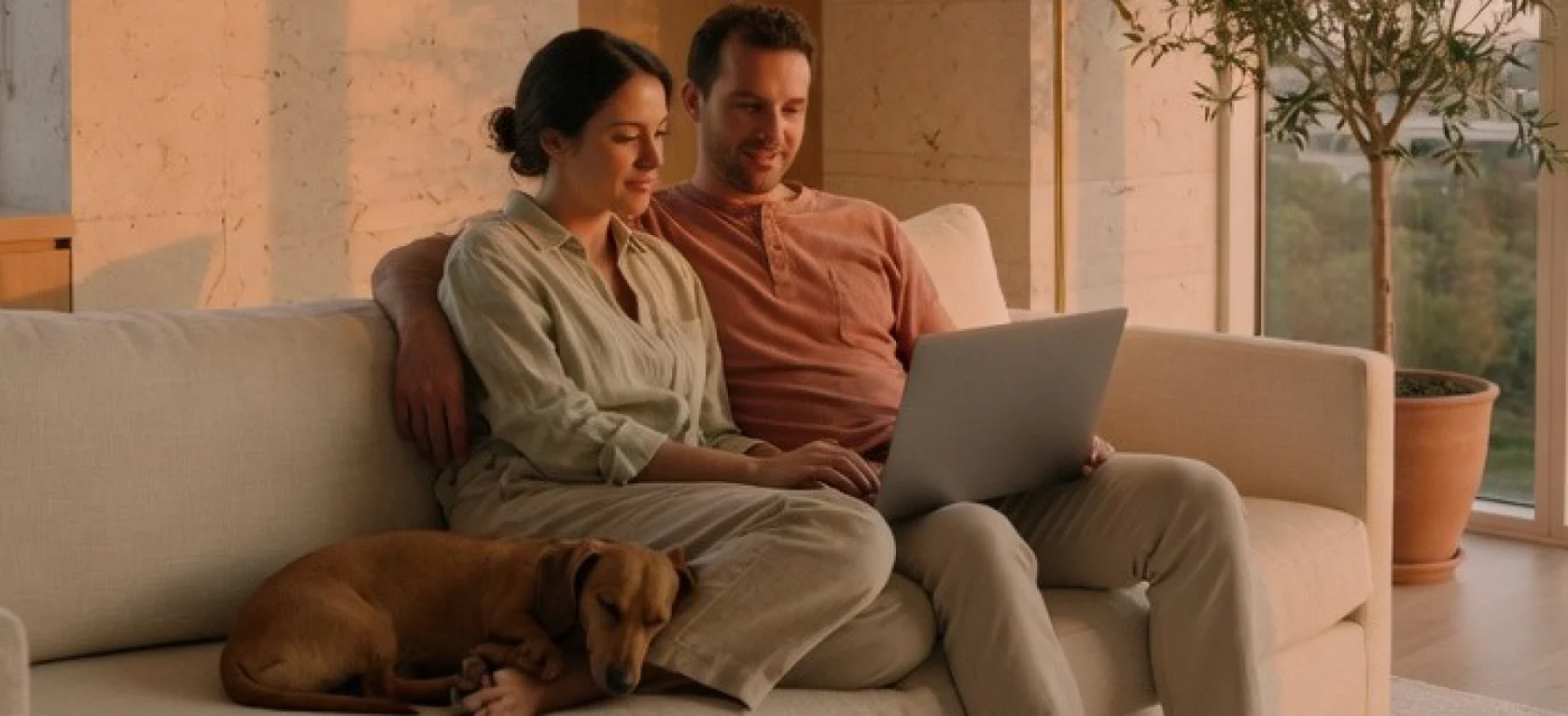 A couple and their dog on a sofa