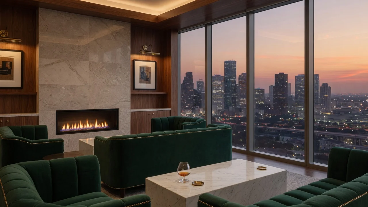 Lounge looking at the skyline at dusk