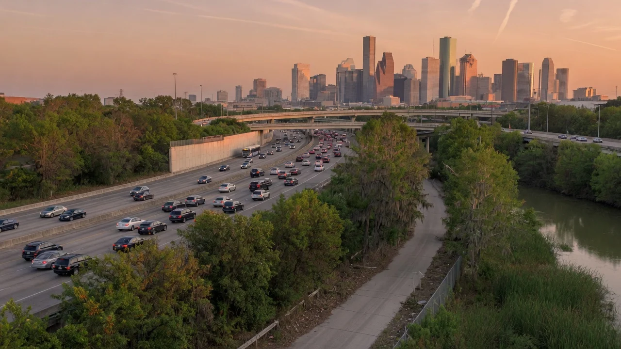 Highway traffic toward downtown Houston at sunset