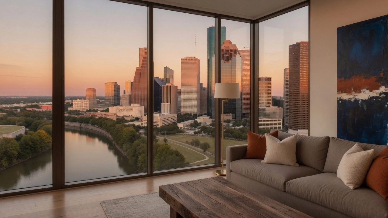 Living room at Riverline looking over Houston at golden hour