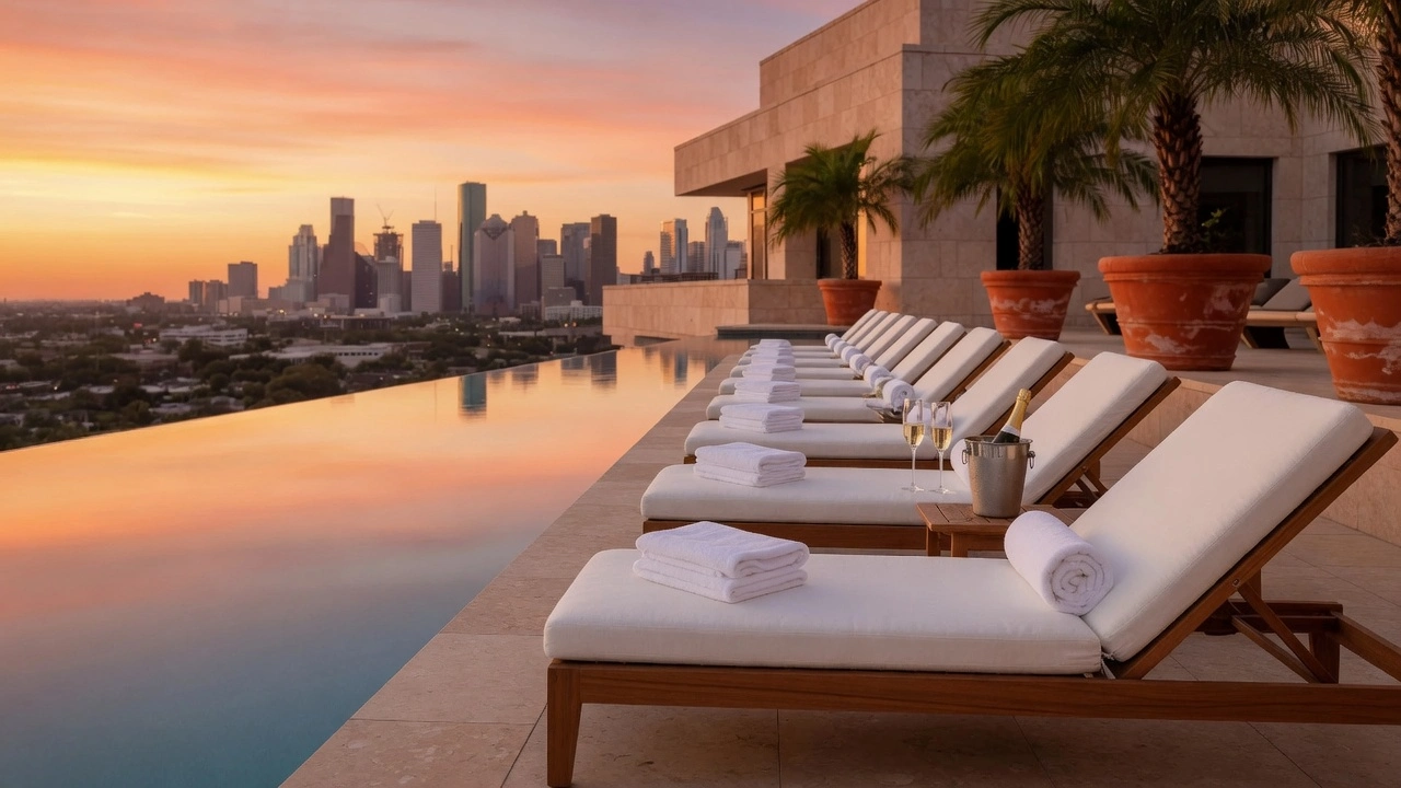 Teak lounge chairs on the rooftop pool