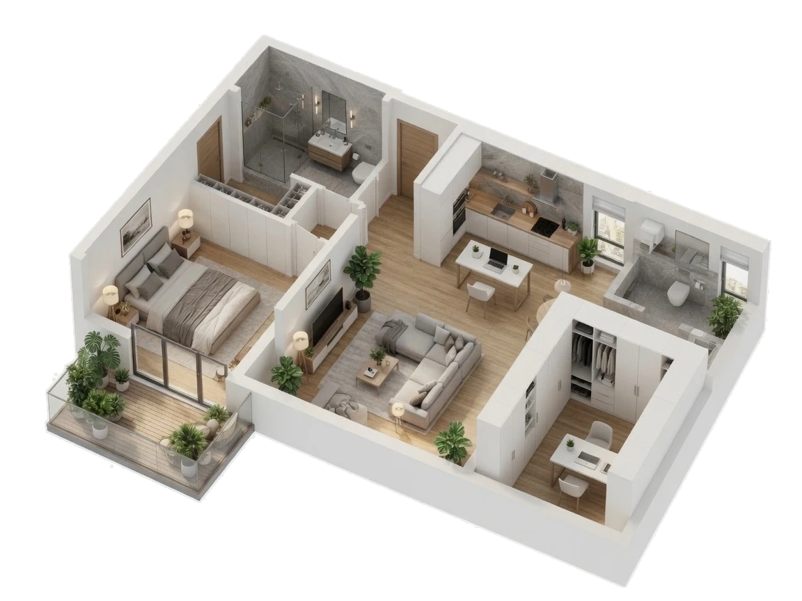 The Dunlavy, 1 bed 1 bath, isometric drawing