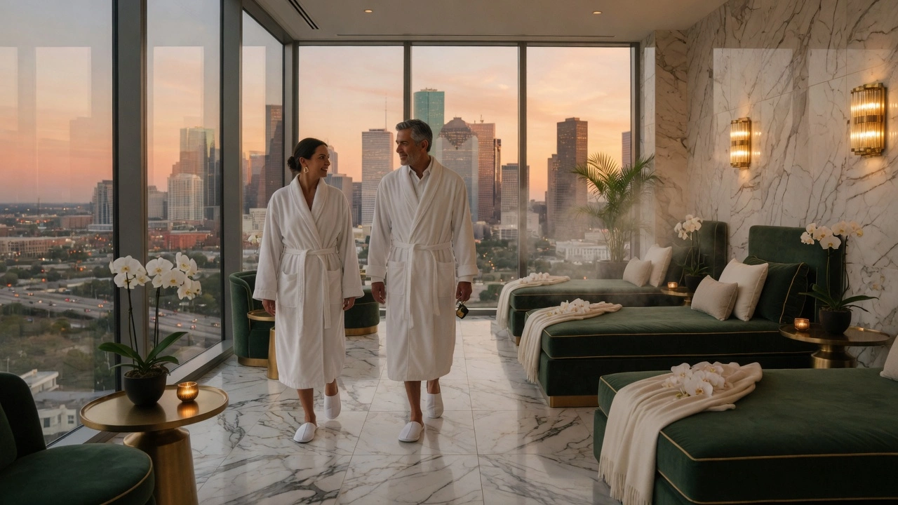 Guests in white spa robes overlooking the skyline