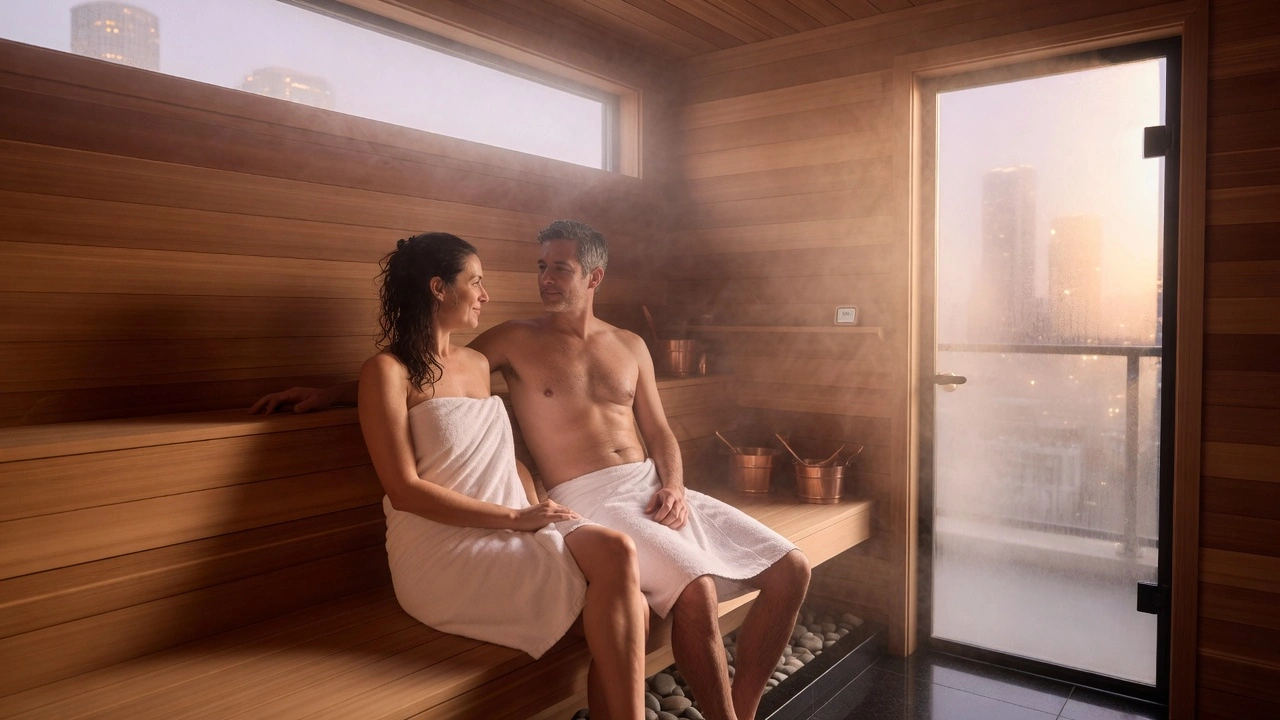 A couple in the cedar sauna