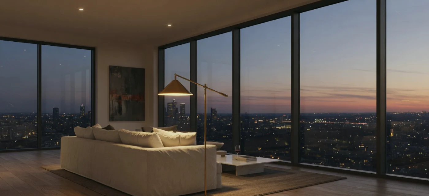 Living room looking over the skyline at twilight